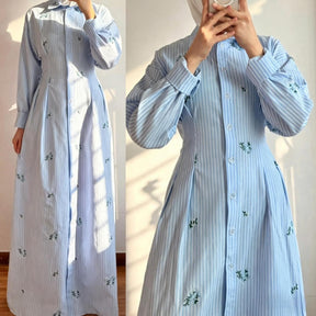 B2633  Striped Single-Breasted Long Sleeve Cinch Waist Shirt Dress Abaya