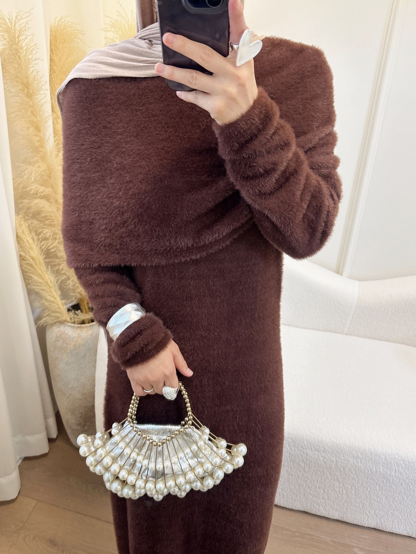 LR1085  2-Piece Plain Slim Fit Sweater Set with Shawl