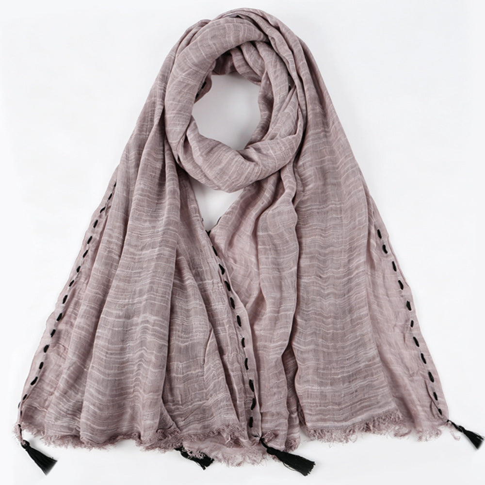 YC008  Crinkle Drawstring Polyester Fringe Tassel Hijab