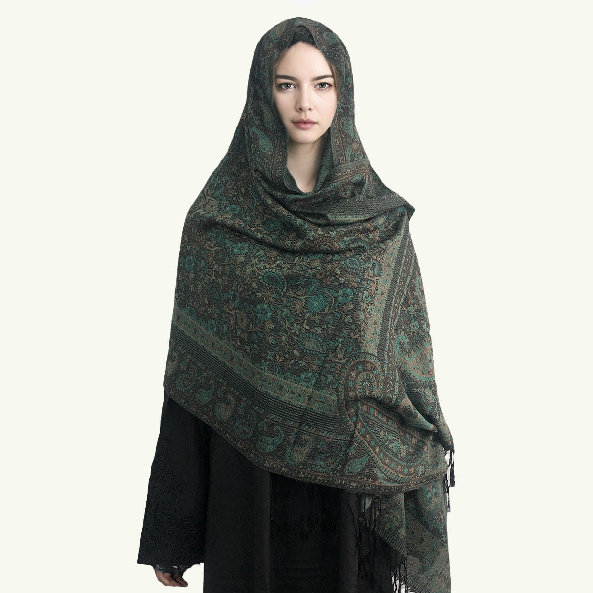 WJ005  Faux Cashmere Paisley Embroidered Tassel Scarf