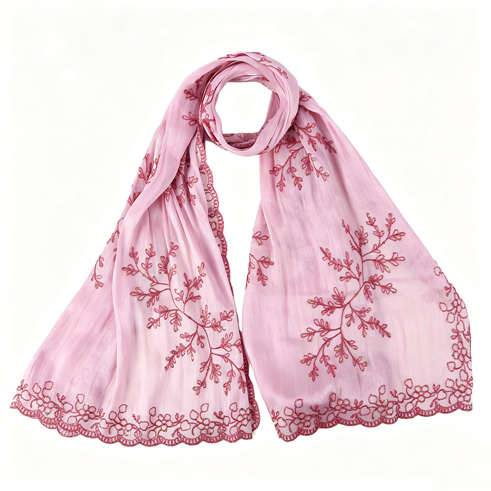 WJ115  Plain Embroidered Scallop Edge Sea Island Silk Hijab