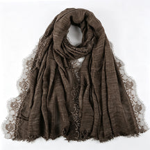 YC007  Plain Polyester Crinkle Lace Panel Fringe Hijab