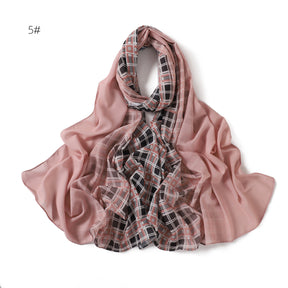 YZ209 Pearl chiffon solid color plus plaid hand-painted gradient gauze scarf sunscreen shawl hijab  hijab/tudung  printed hijab  printed scarf