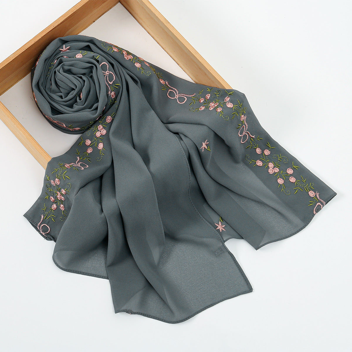 VE122  High-Quality Plain Elastic Chiffon Hijab with Embroidery