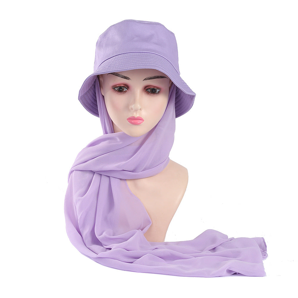 JM42 Solid color sun protection shawl 2 pieces chiffon fisherman hat fashionable flat bottom sun hat