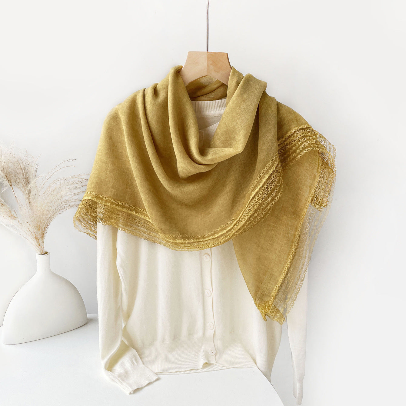 SS006  Plain Lightweight Lace Trim Polyester-Cotton Square Scarf