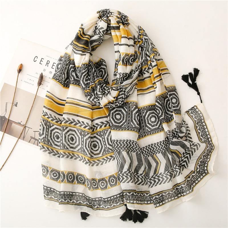 SL2202-009  Women's Ethnic Cotton Linen Feel Scarf with Wheat Ears Tassels
