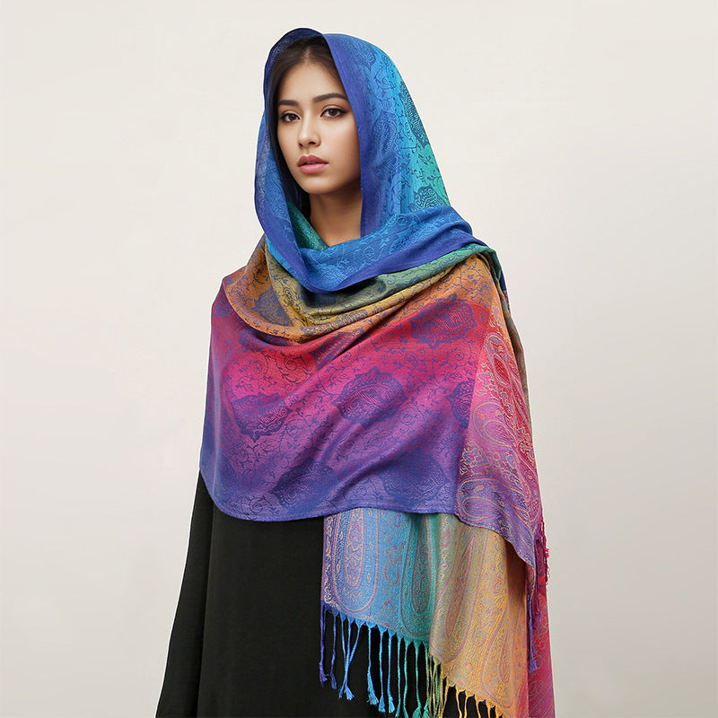 T318-01  Paisley Embroidered Ombre Tassel Polyester Cotton Scarf