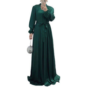 21662  Elegant Long Sleeve Tie-Waist Flowy Abaya Dress