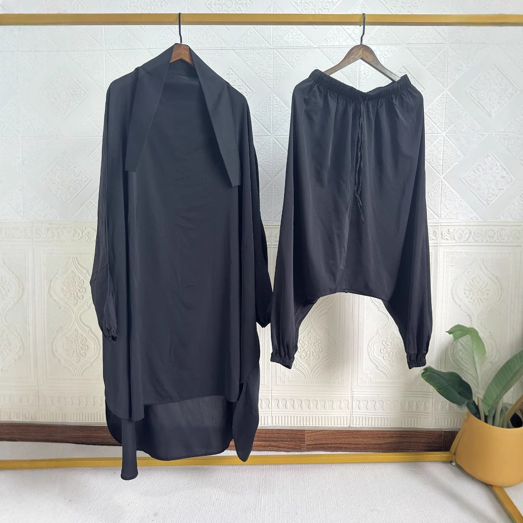 P103  Plain 2-Piece Loose Long Sleeve Top Hijab and Tied Pants Set