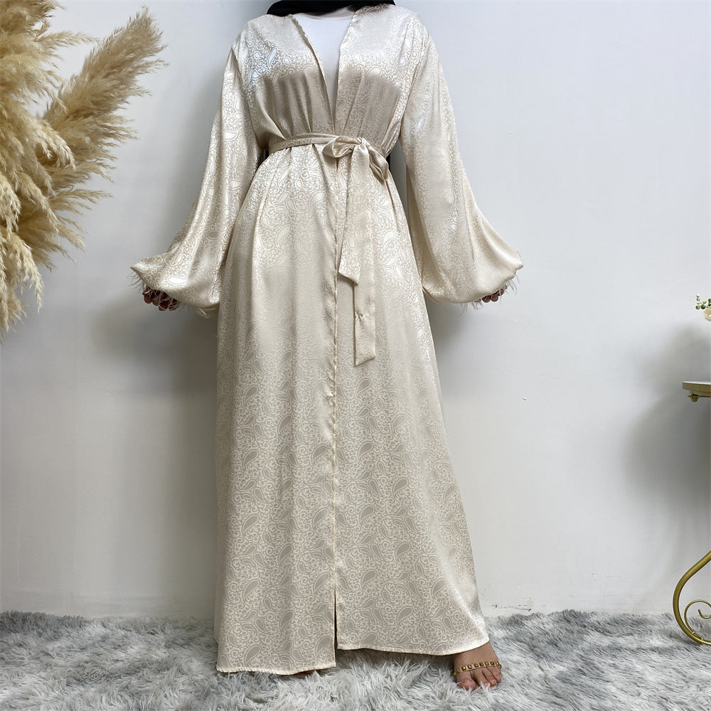 1950 printed satin feather muslim abaya dress