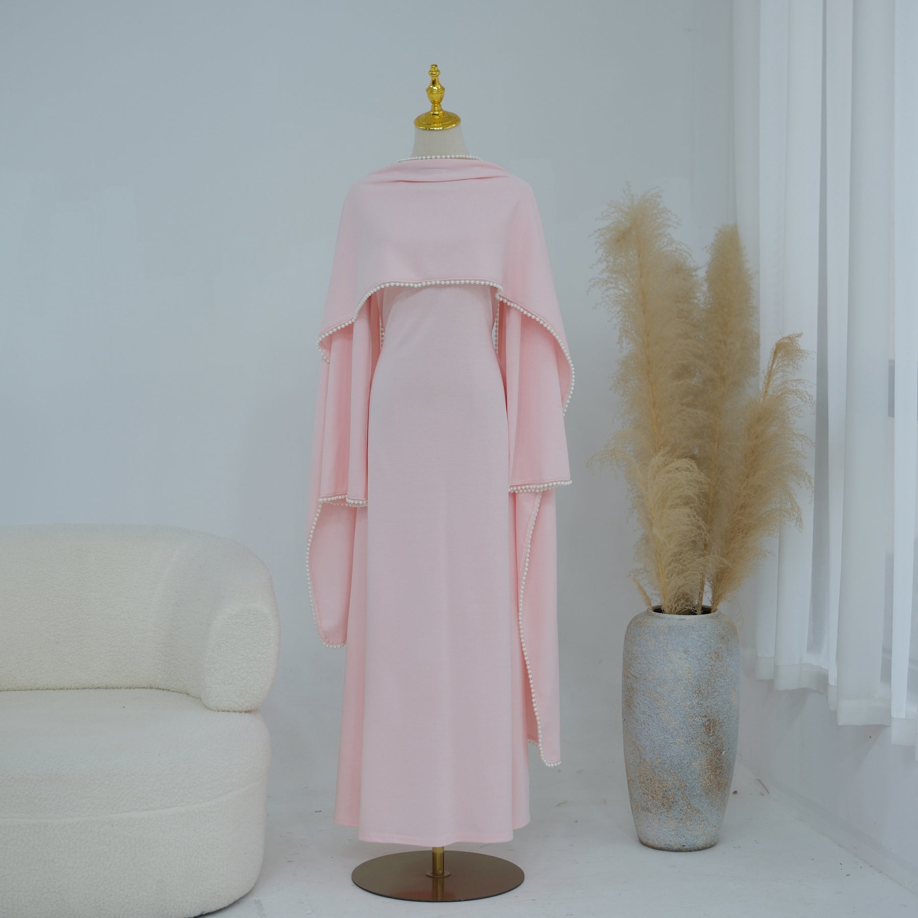 LR1167  Plain Scuba Beaded Shawl + Long Sleeve Dress Set