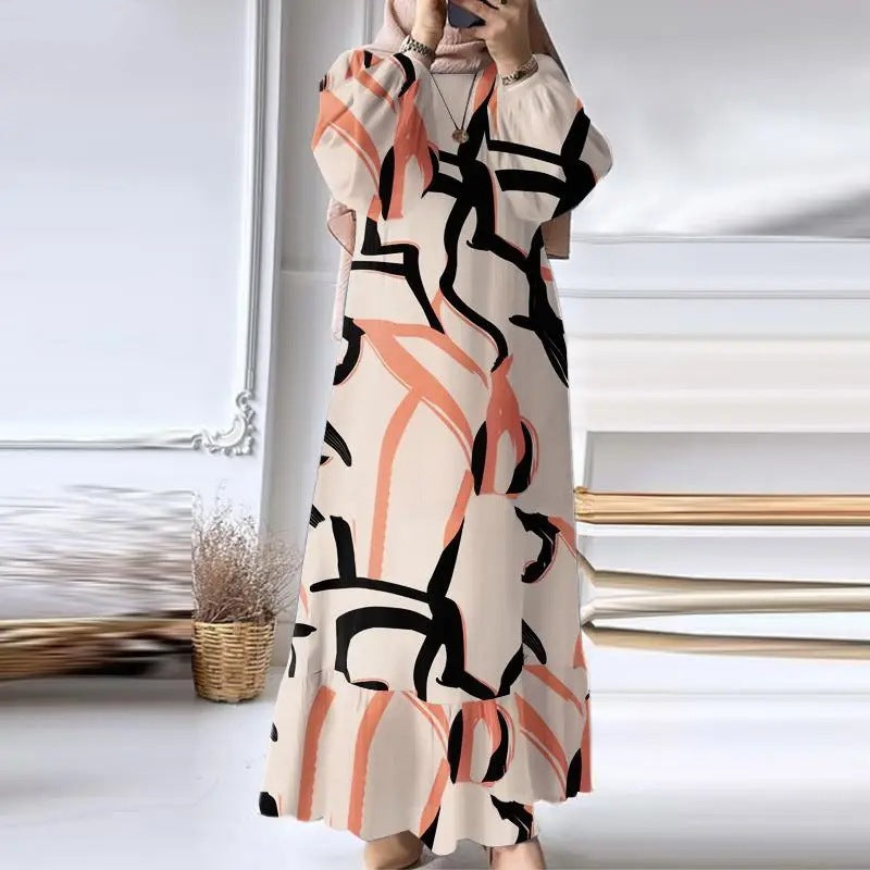 L8019  Puff Sleeve Vintage Pocket Hem Ruffle Dress
