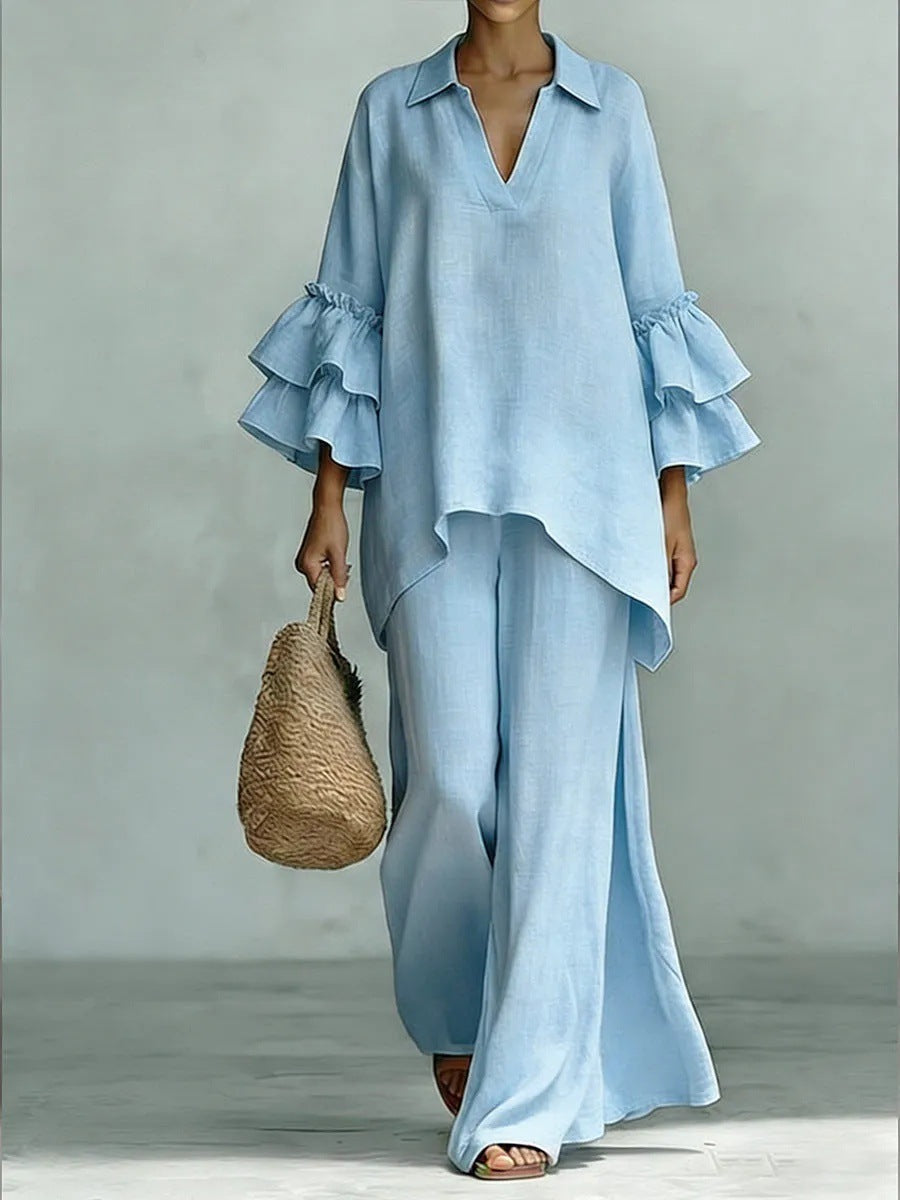 8152  Women Casual Plain Shirt Collar Loose Pants Two Piece Set