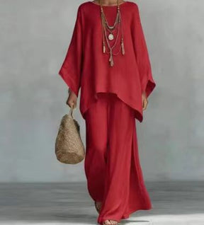 GS-30910  Women Simple Loose Linen Blend Shirt Wide Leg Pants Set