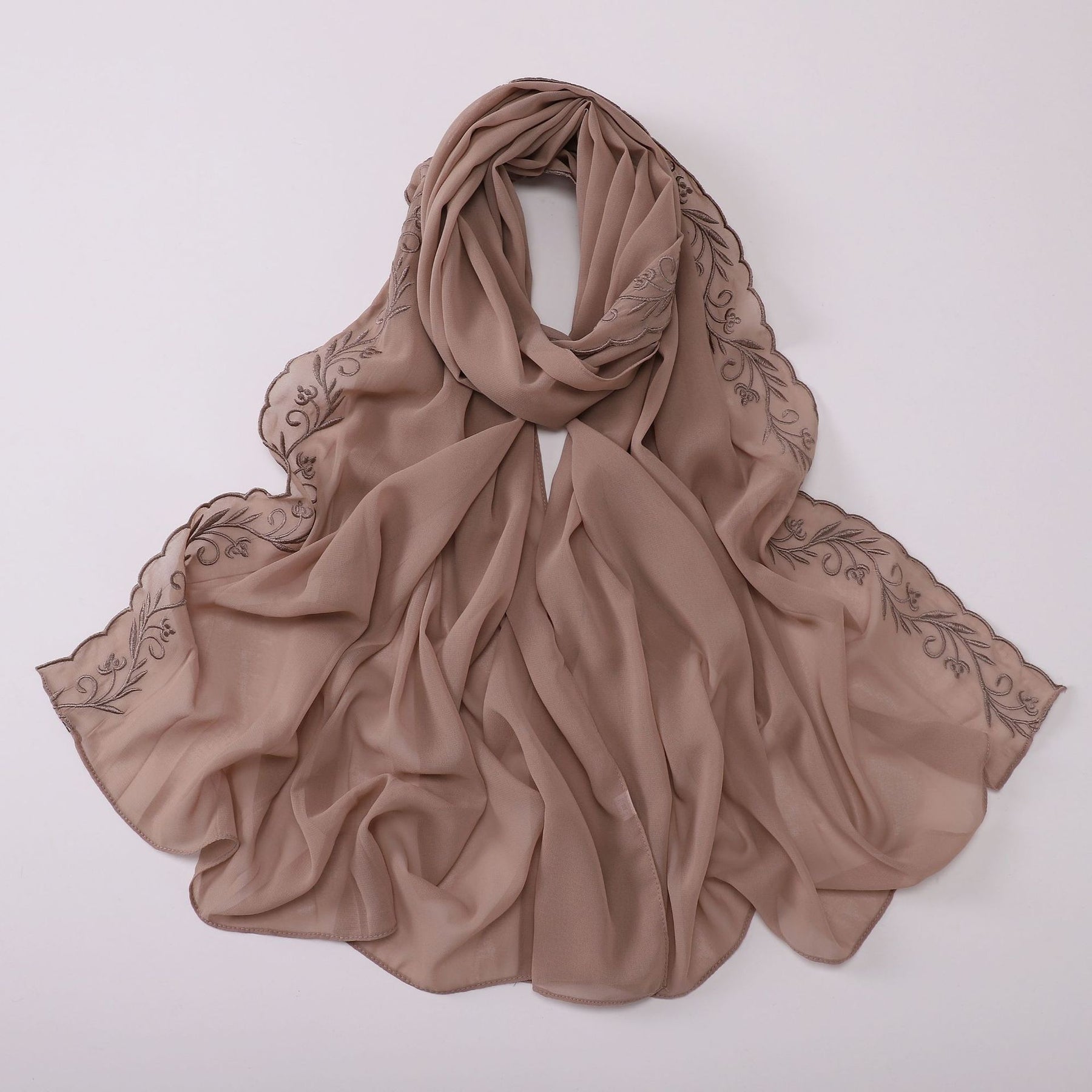 W-0512  Pearl Chiffon Long Hijab with One Side Embroidery