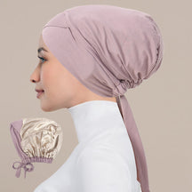 JN001  Plain Satin-Lined Polyester Tie Back Hijab Cap