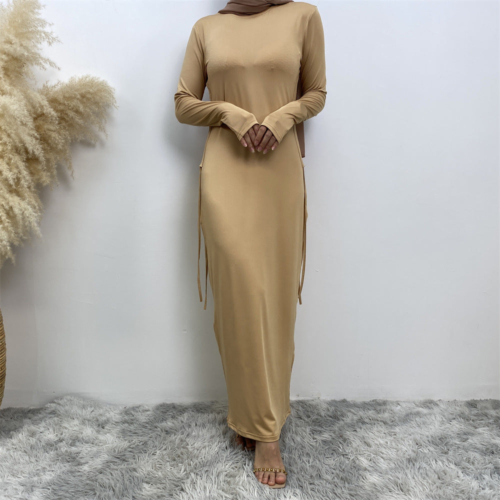 6736 Arabian solid color long-sleeved dress women's side drawstring bottoming shirt - MinYang Fashion Apparel Accessory Manufacturer
