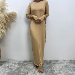6736 Arabian solid color long-sleeved dress women's side drawstring bottoming shirt - MinYang Fashion Apparel Accessory Manufacturer