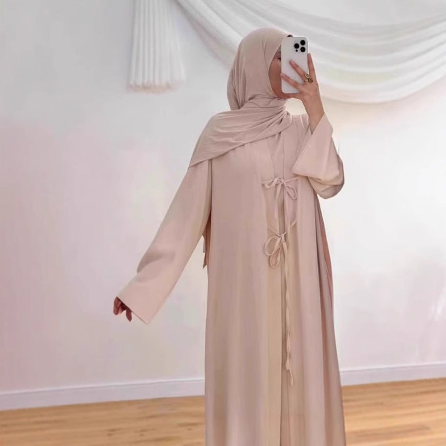 K113  Satin Tie-Front Open Abaya + Inner Dress Set - No Hijab