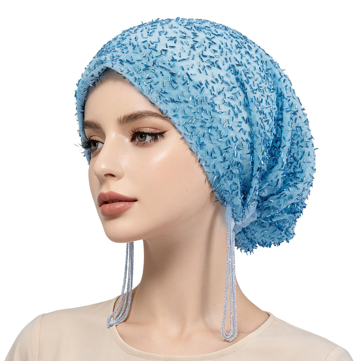 High-end boutique beaded tassels hat Polyester Hijab - Color Option