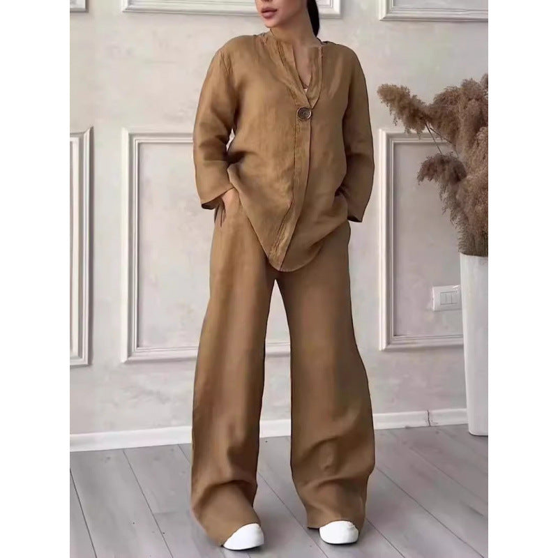 8605  Women's Comfortable Loose Top & Wide-Leg Pants Cotton Linen Set
