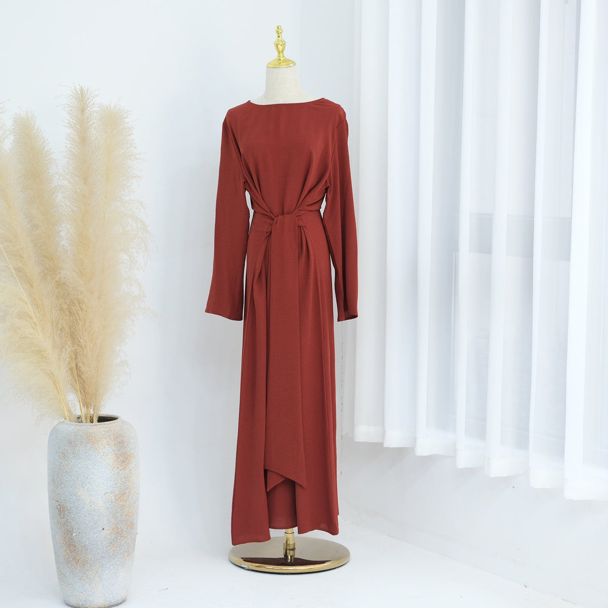 LR822  Plus Size Slimming Elegant Long Sleeve Viscose Dress with Waist Tie