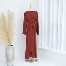 LR822  Plus Size Slimming Elegant Long Sleeve Viscose Dress with Waist Tie