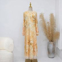 LR1338  Printed Double-Layer Chiffon Flare Sleeve Dress