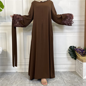 6659 Lace flower solid color muslim abaya dress