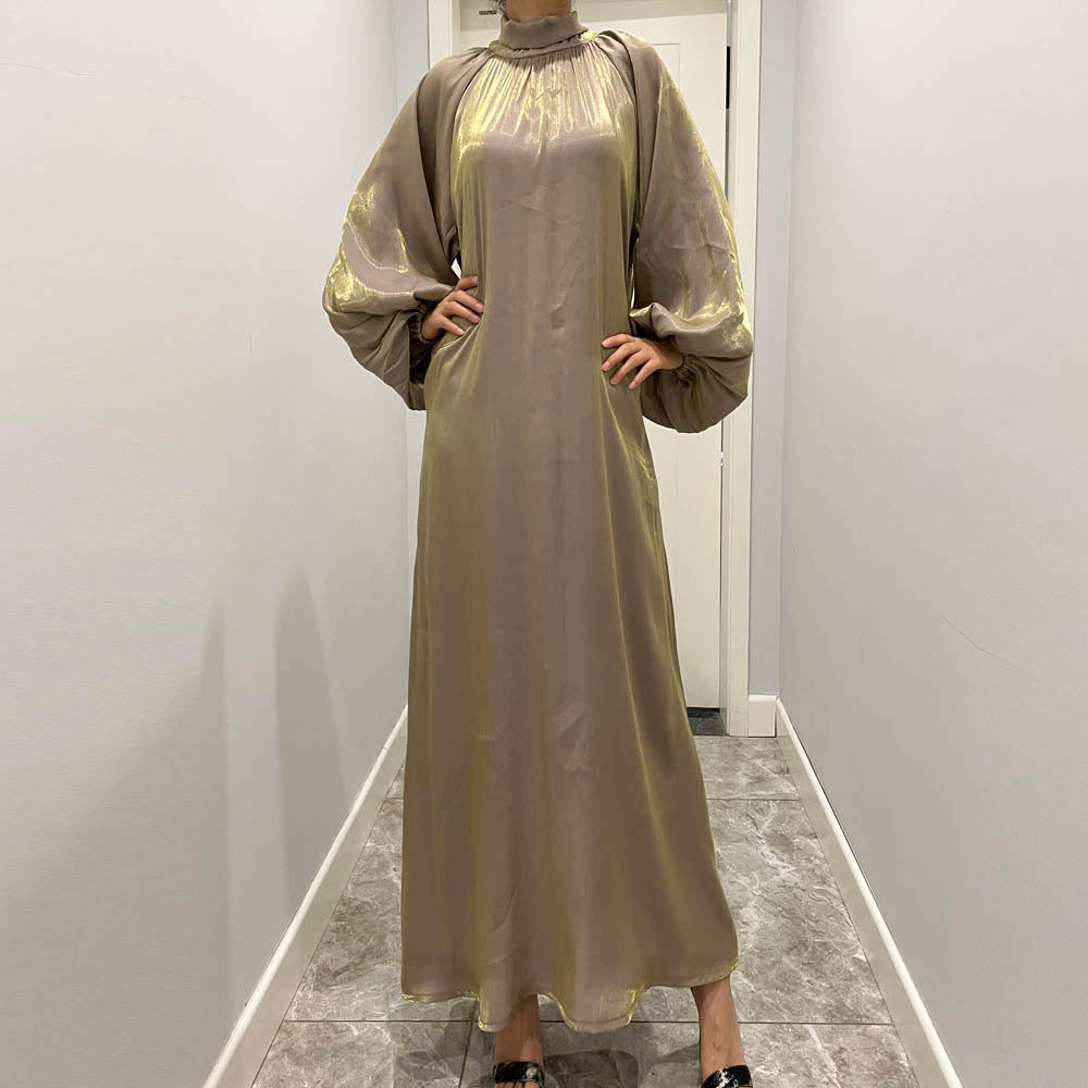 1342 Puff sleeve Bright silk muslim abaya dress