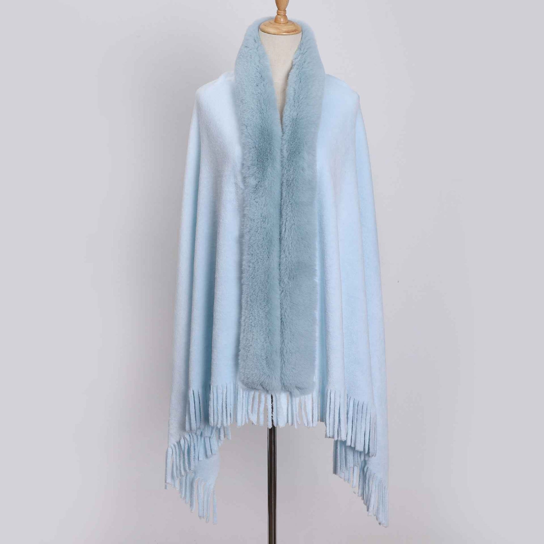 FLR-001  Double-Faced Flannel Shawl Scarf with Orylag Fur Collar and Tassels