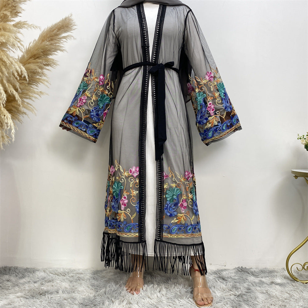 1904 Embroidery mesh yarn muslim abaya dress