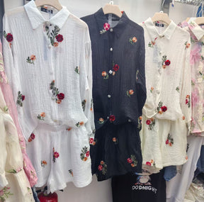 YZJ001  Spring Cotton Linen Embroidered Flower Shirt & Pants Set