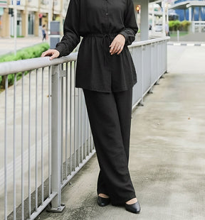 M369  Solid Color Fashion Long Sleeve Shirt and Wide Leg Pants Two Piece Set
