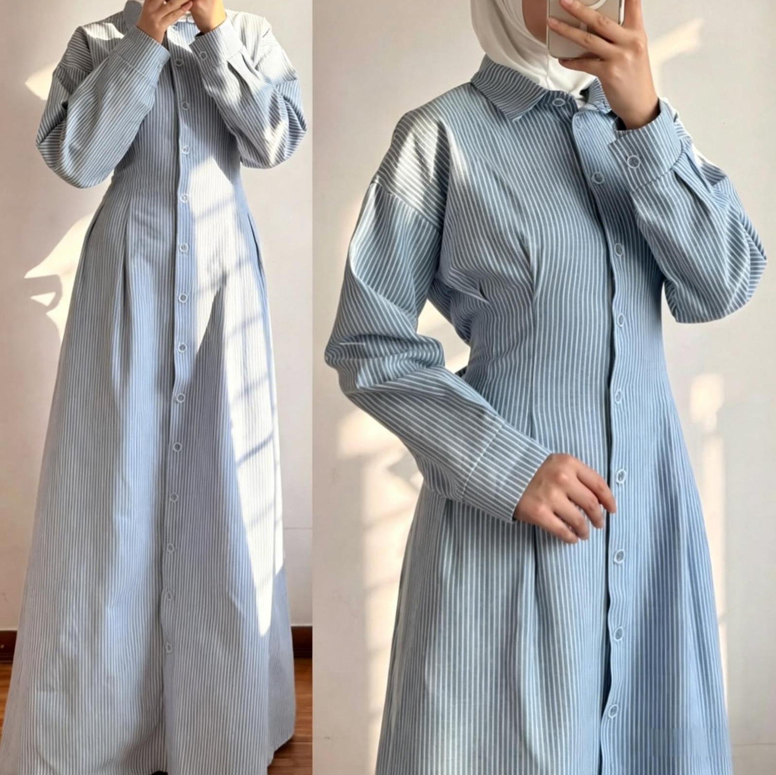 B2633  Striped Single-Breasted Long Sleeve Cinch Waist Shirt Dress Abaya