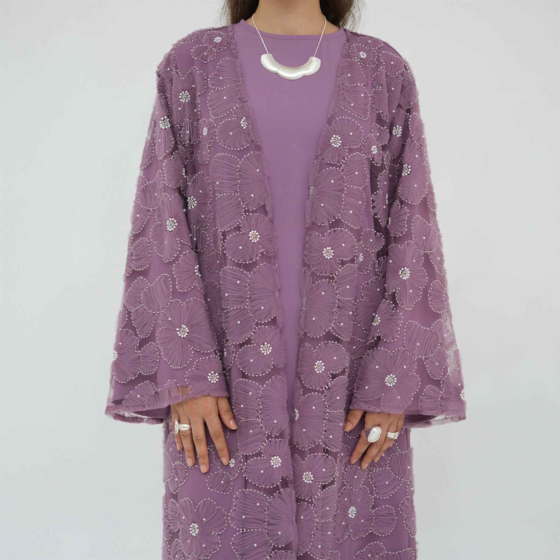 LR1069  3D Floral Beaded Cardigan Abaya