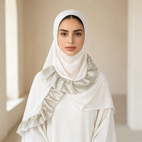 TD68-062  Plain Crystal Linen One-Piece Hijab, Silver Foil Ruffles