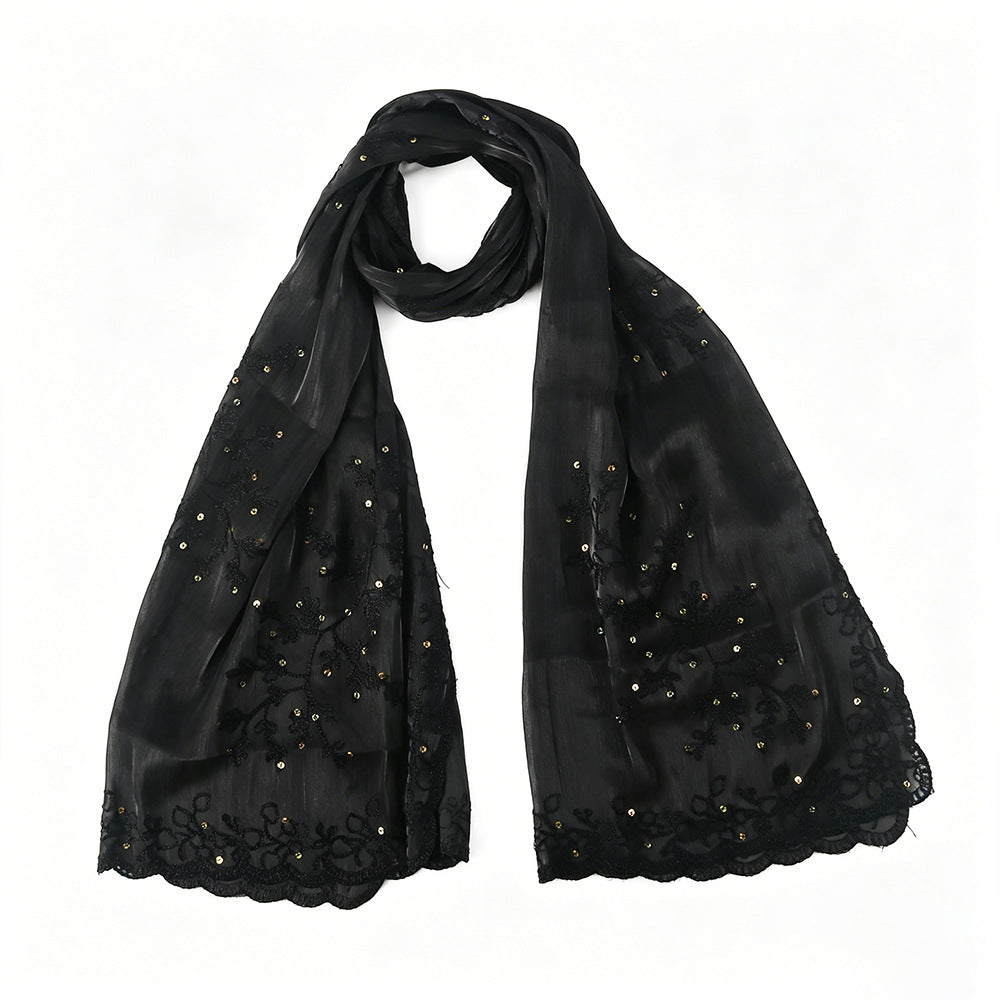 WJ115  Plain Embroidered Scallop Edge Sea Island Silk Hijab