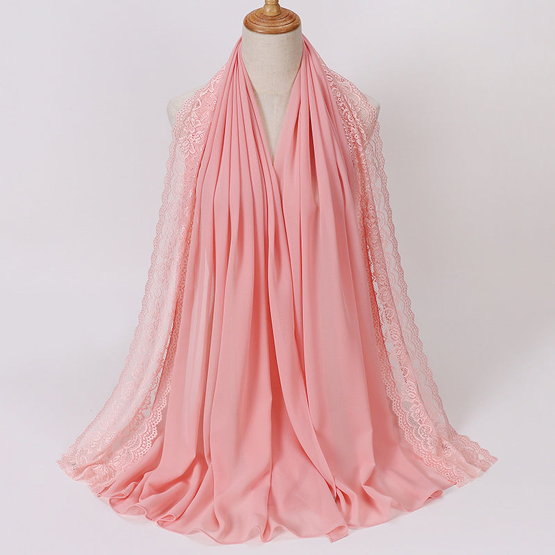 珍珠 边 Plain Chiffon Lace Hijab - Color Option