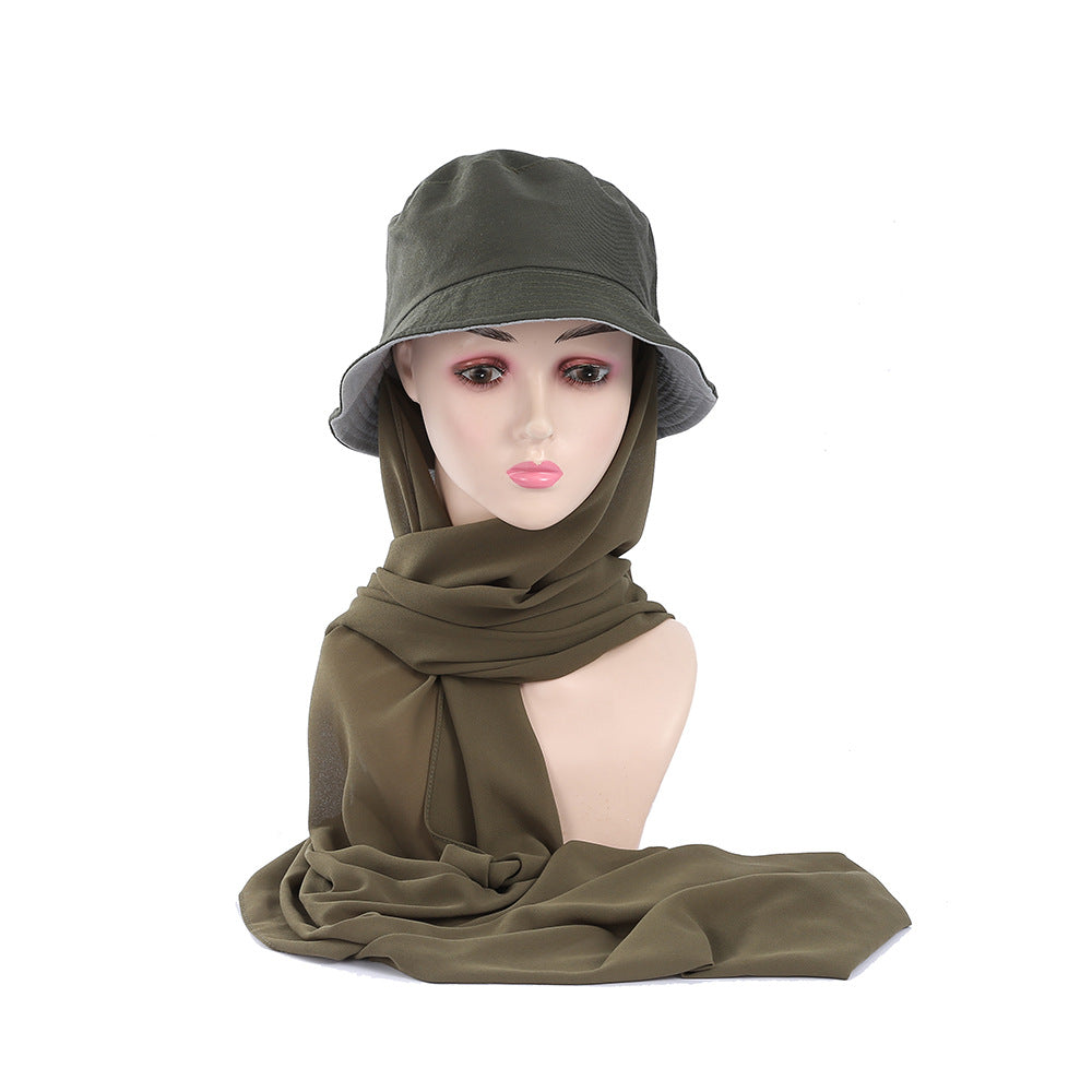 JM42 Solid color sun protection shawl 2 pieces chiffon fisherman hat fashionable flat bottom sun hat