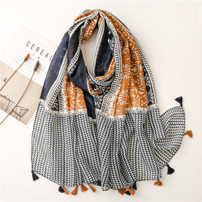 SL2202-009  Women's Ethnic Cotton Linen Feel Scarf with Wheat Ears Tassels