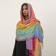 T318-01  Paisley Embroidered Ombre Tassel Polyester Cotton Scarf