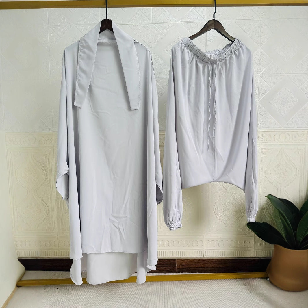 P103  Plain 2-Piece Loose Long Sleeve Top Hijab and Tied Pants Set