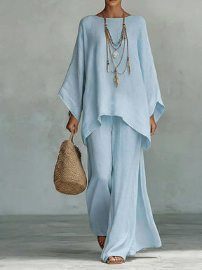 GS-30910  Women Simple Loose Linen Blend Shirt Wide Leg Pants Set