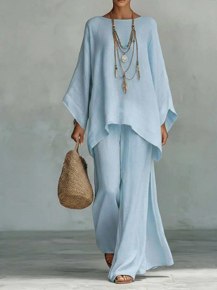 GS-30910  Women Simple Loose Linen Blend Shirt Wide Leg Pants Set