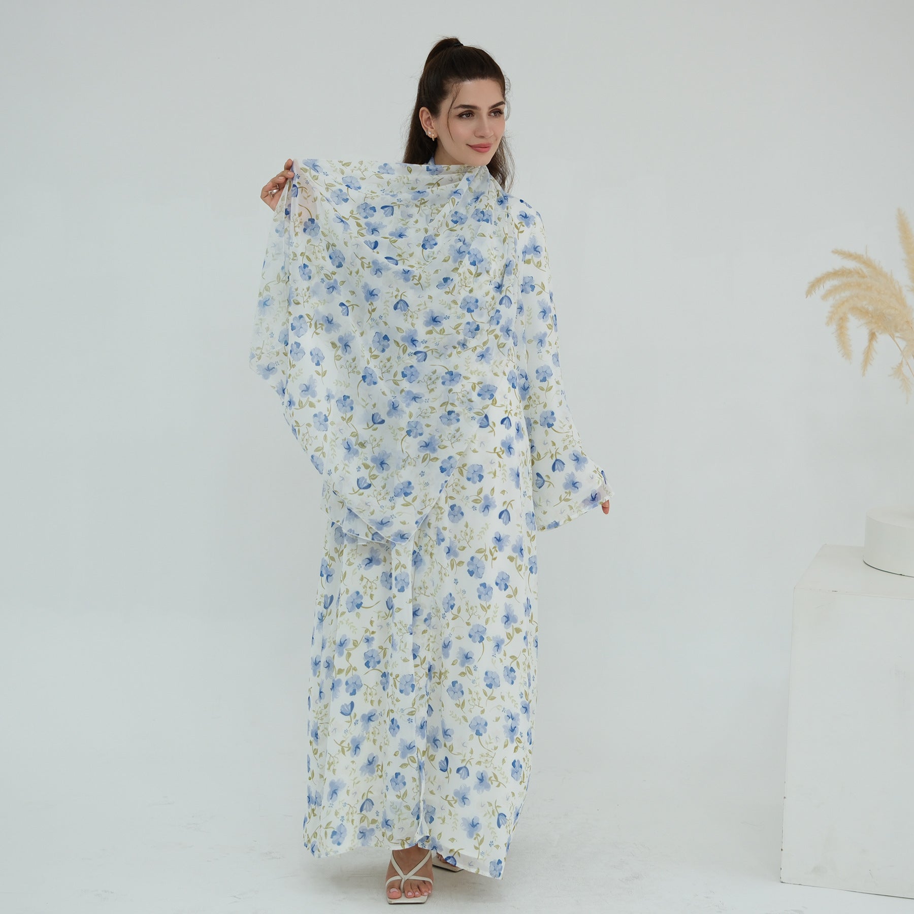 LR1067  Printed Chiffon Lined Open Abaya + Hijab Set