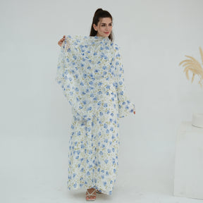 LR1067  Printed Chiffon Lined Open Abaya + Hijab Set