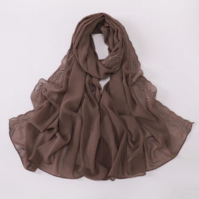 W-0512  Pearl Chiffon Long Hijab with One Side Embroidery