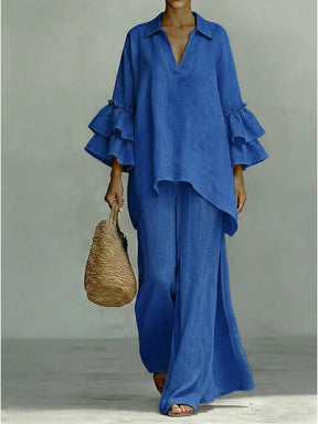 8152  Women Casual Plain Shirt Collar Loose Pants Two Piece Set